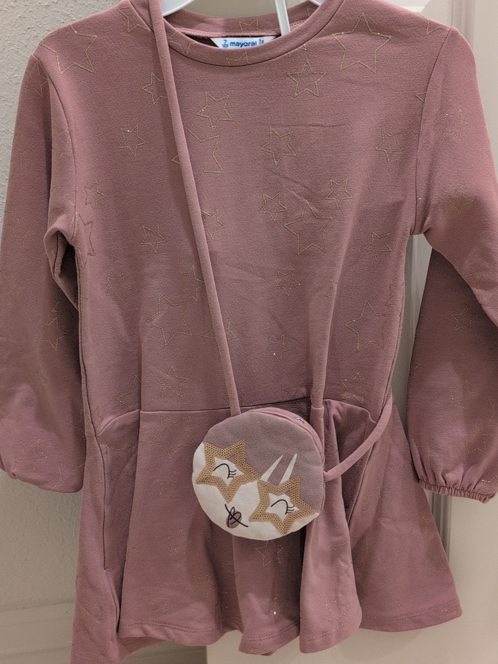 Kids Mayoral Dusty Pink Gold Star Pullover Dress with Pom-Pom Pouch Size 7